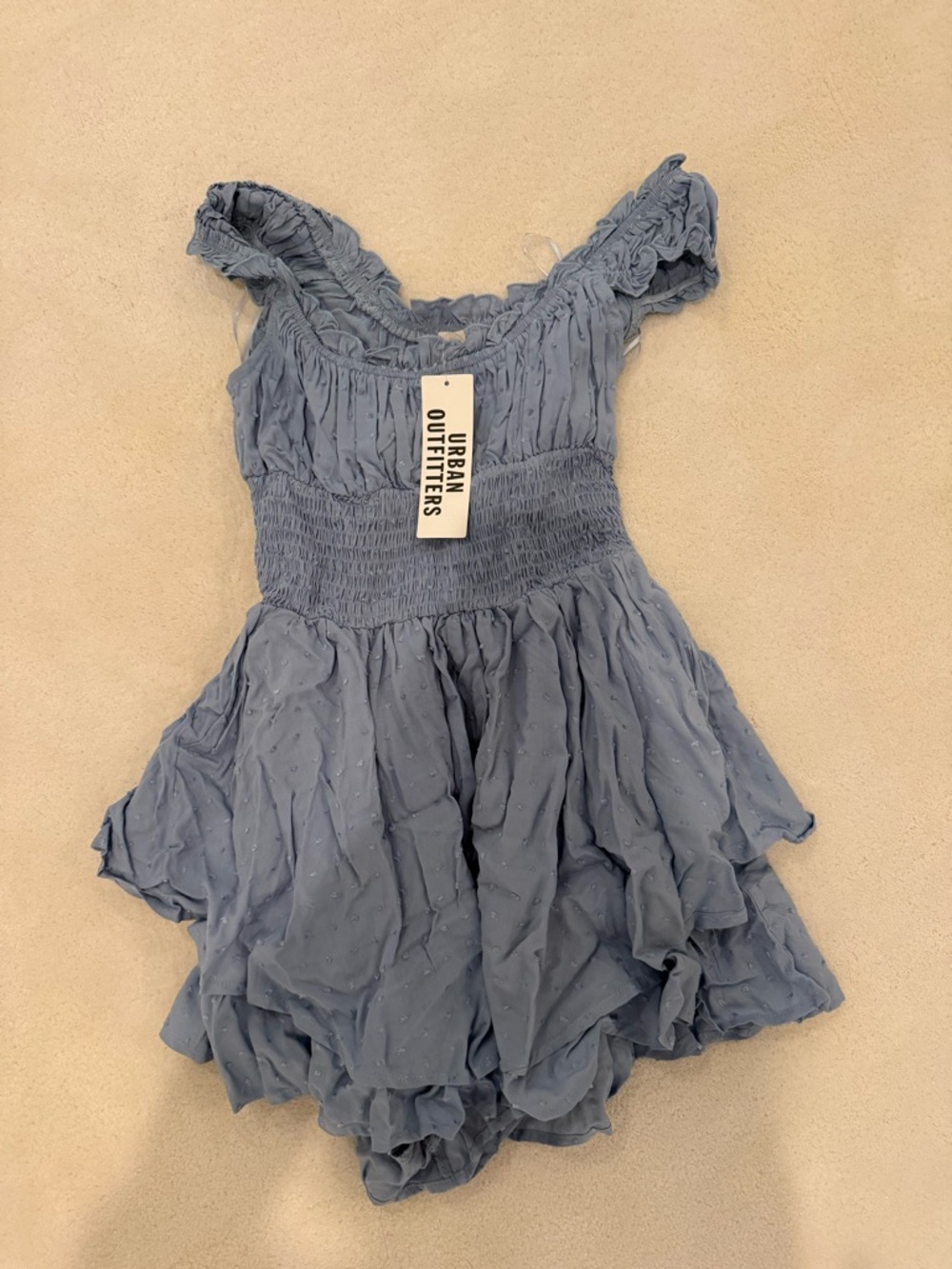UO Rosie Smocked Tiered Ruffle Romper in blue
